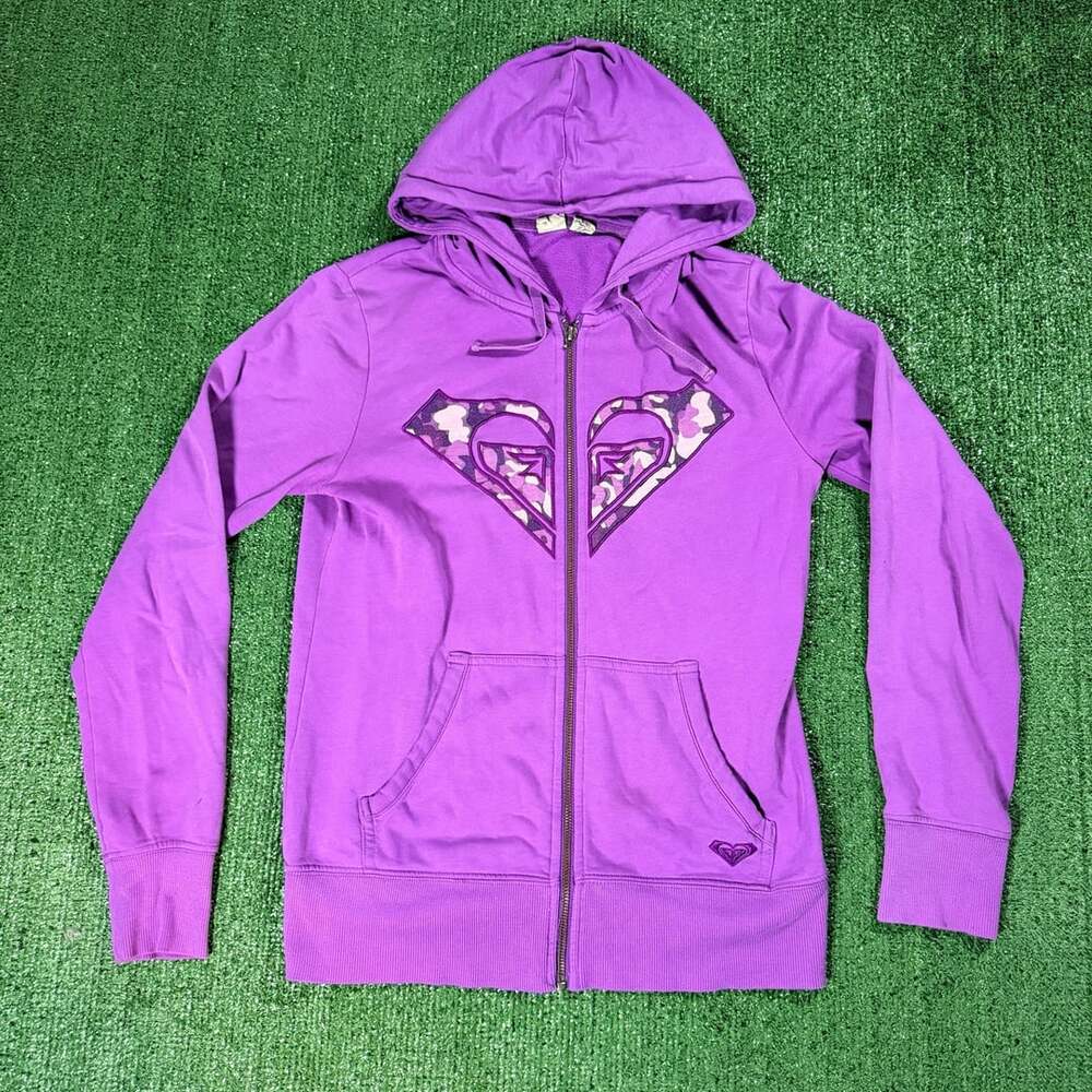 Y2K Womens Roxy Purple Camo Logo Full Zip Hoodie Sweatshirt Size Medium